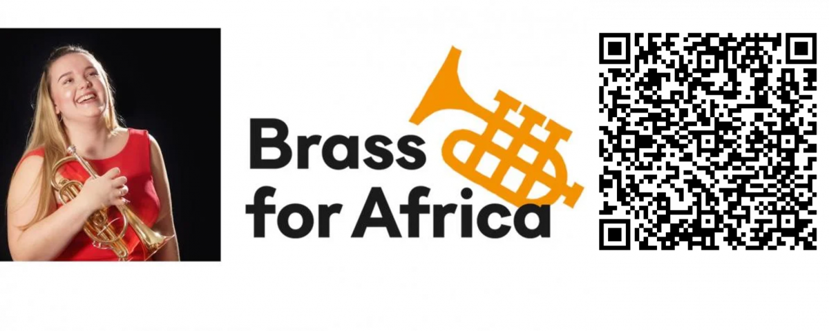 Verity is wearing a red dress and holding her cornet, she has long blond hair, her head is tilted back and she is smiling. Text reads 'Brass for Africa' and a QR code is included on the right of the image
